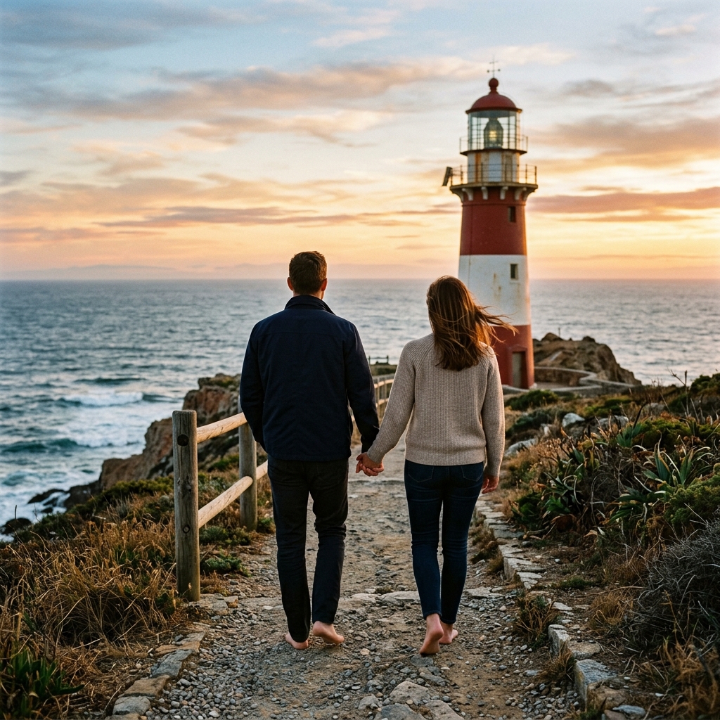 An adult couple holds hands beside a lighthouse path overlooking the sea, rear view