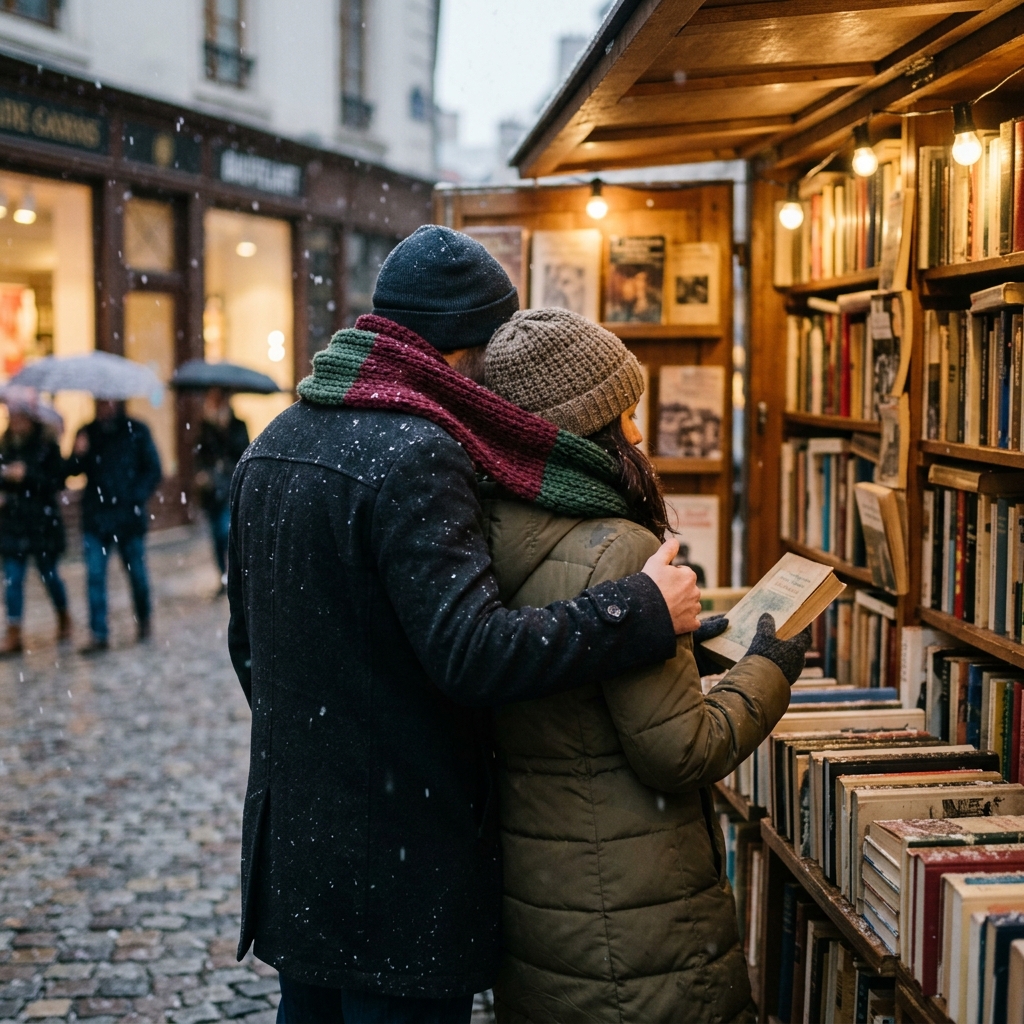 An adult couple shares a scarf while browsing an outdoor bookstall during gentle snowfall, rear view