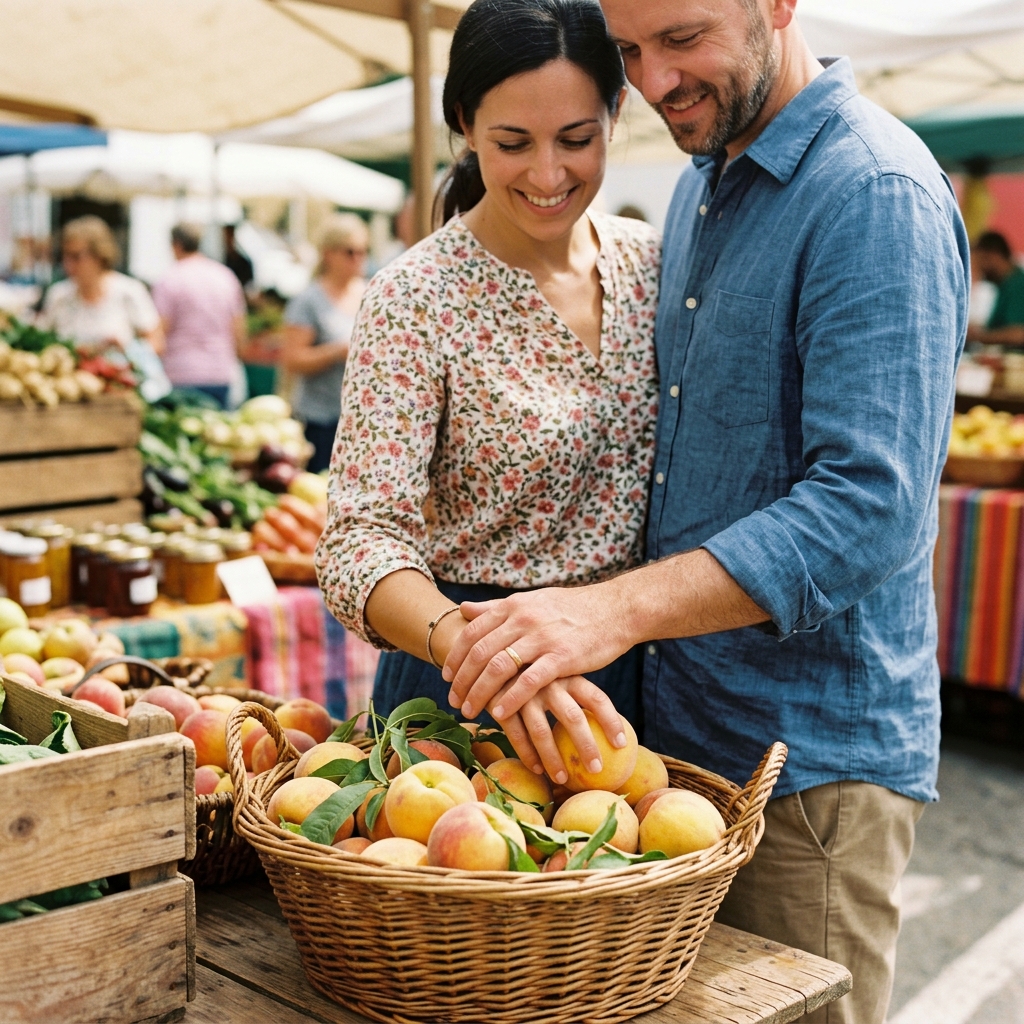 An adult couple shares a basket of peaches at a sunlit countryside market, close framing of hands and basket