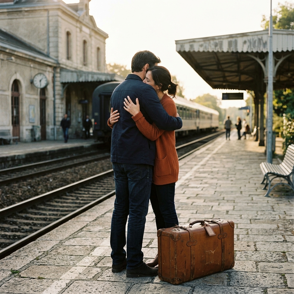 An adult couple embraces beside a suitcase on a quiet station platform, faces naturally hidden by shoulders
