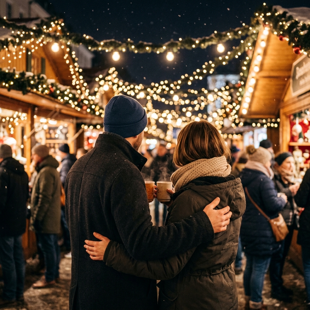 An adult couple embraces beneath twinkling lights at a winter market, viewed from behind