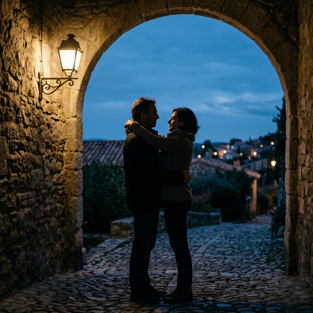 An adult couple embraces beneath a stone arch lit by a single wall lantern at blue hour, silhouettes