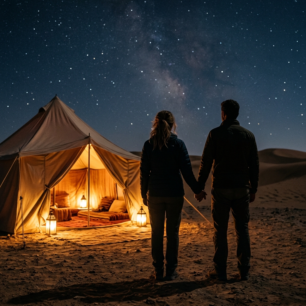 An adult couple holds hands outside a softly lit desert tent beneath clear stars, rear silhouette view
