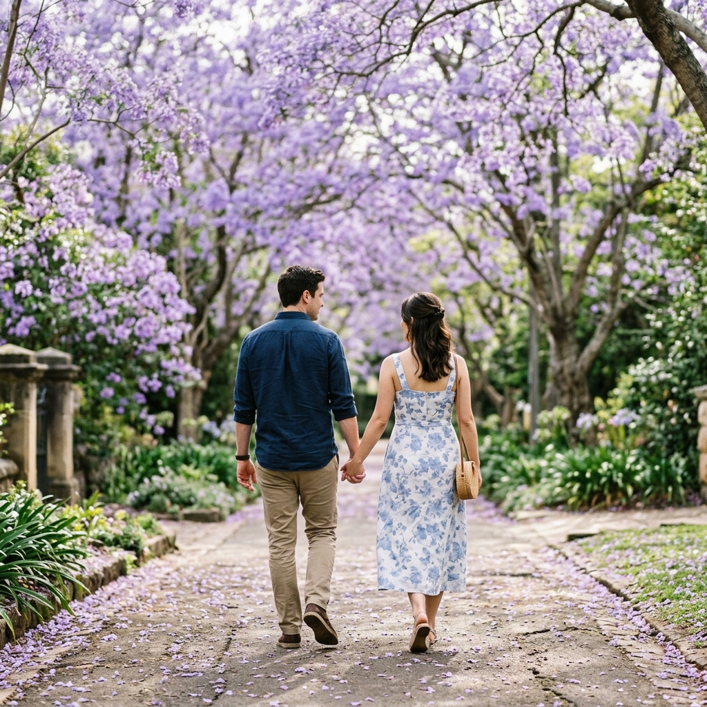An adult couple pauses hand in hand under a flowering jacaranda tree, rear view