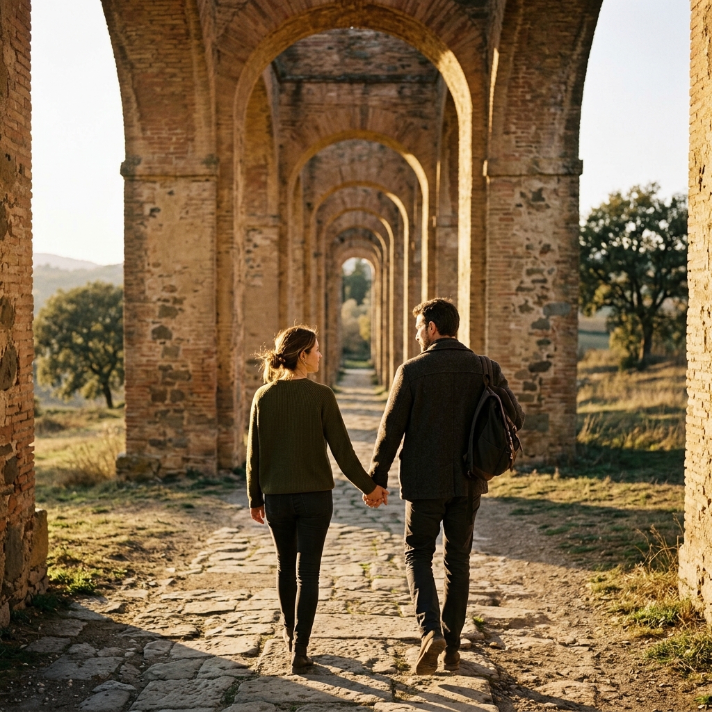 An adult couple walks hand in hand beneath tall weathered aqueduct arches, rear view