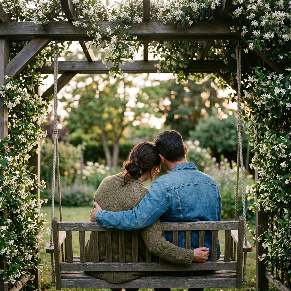 An adult couple sits close together on a broad garden swing beneath jasmine vines, rear view