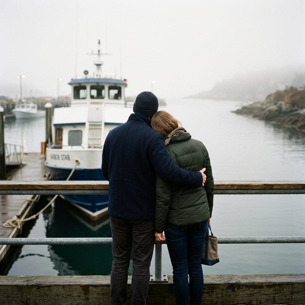An adult couple waits together at a harbor railing beside a docked ferry in morning mist, rear view