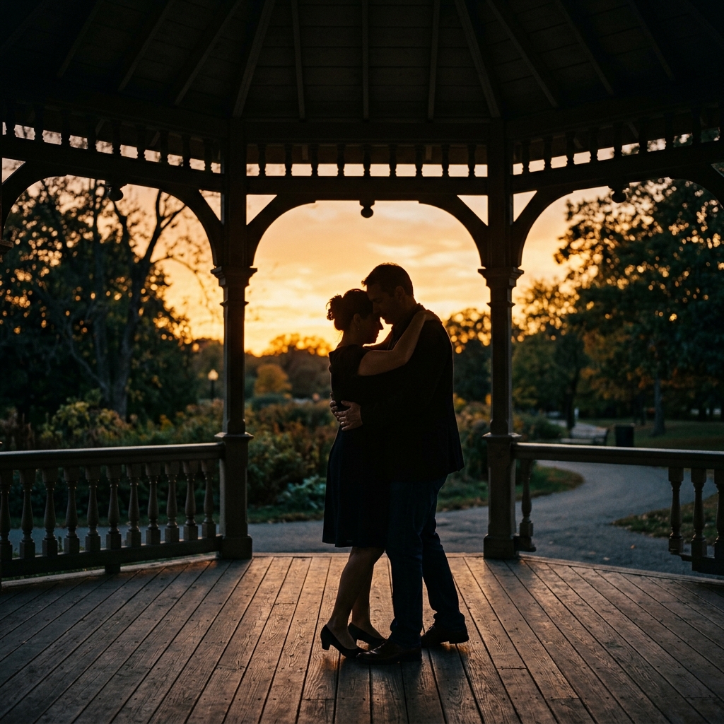 An adult couple slow dances beneath an empty park music pavilion at golden hour, silhouette view