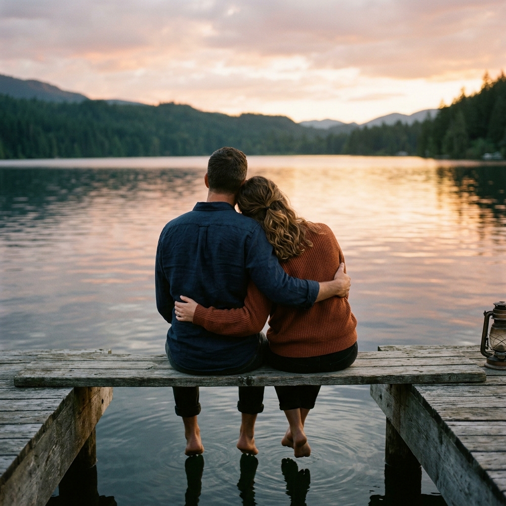 An adult couple sits close together on a wide wooden dock with bare feet above calm water, rear view