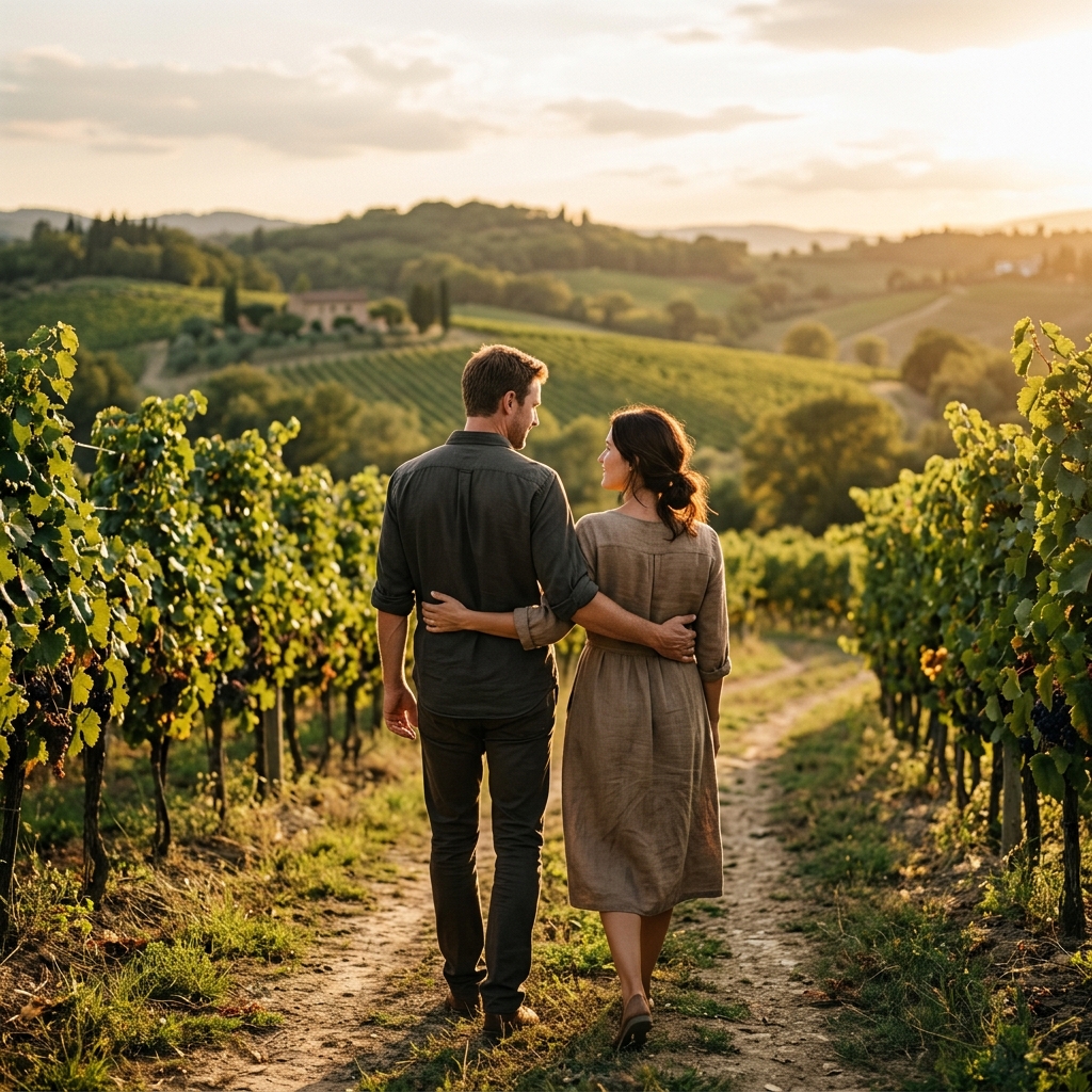 An adult couple walks arm in arm along a vineyard path in warm late summer light, rear view