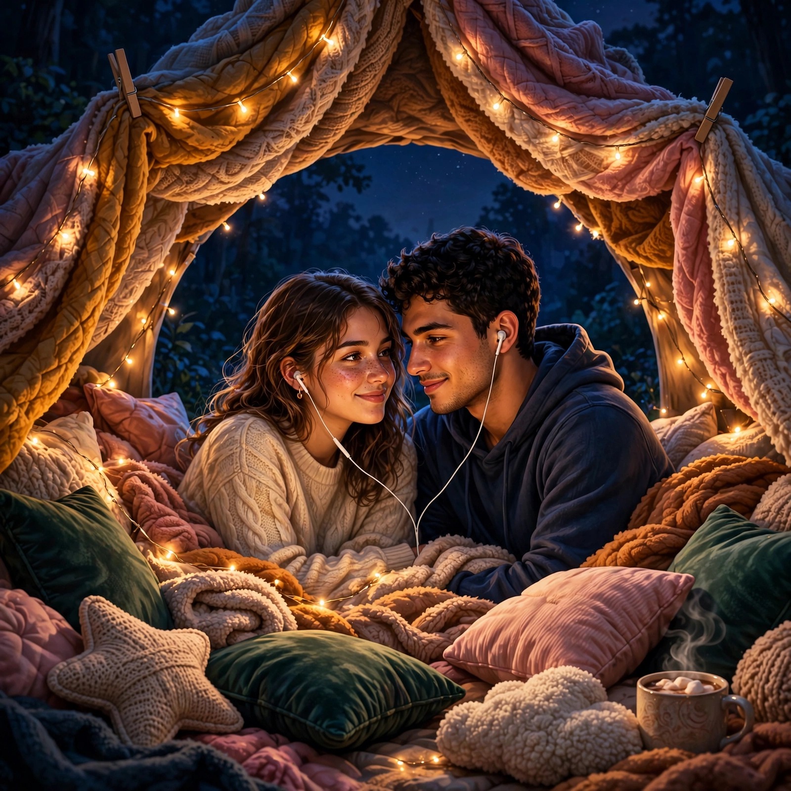 A couple sharing earbuds inside a cozy blanket fort lit by warm fairy lights.