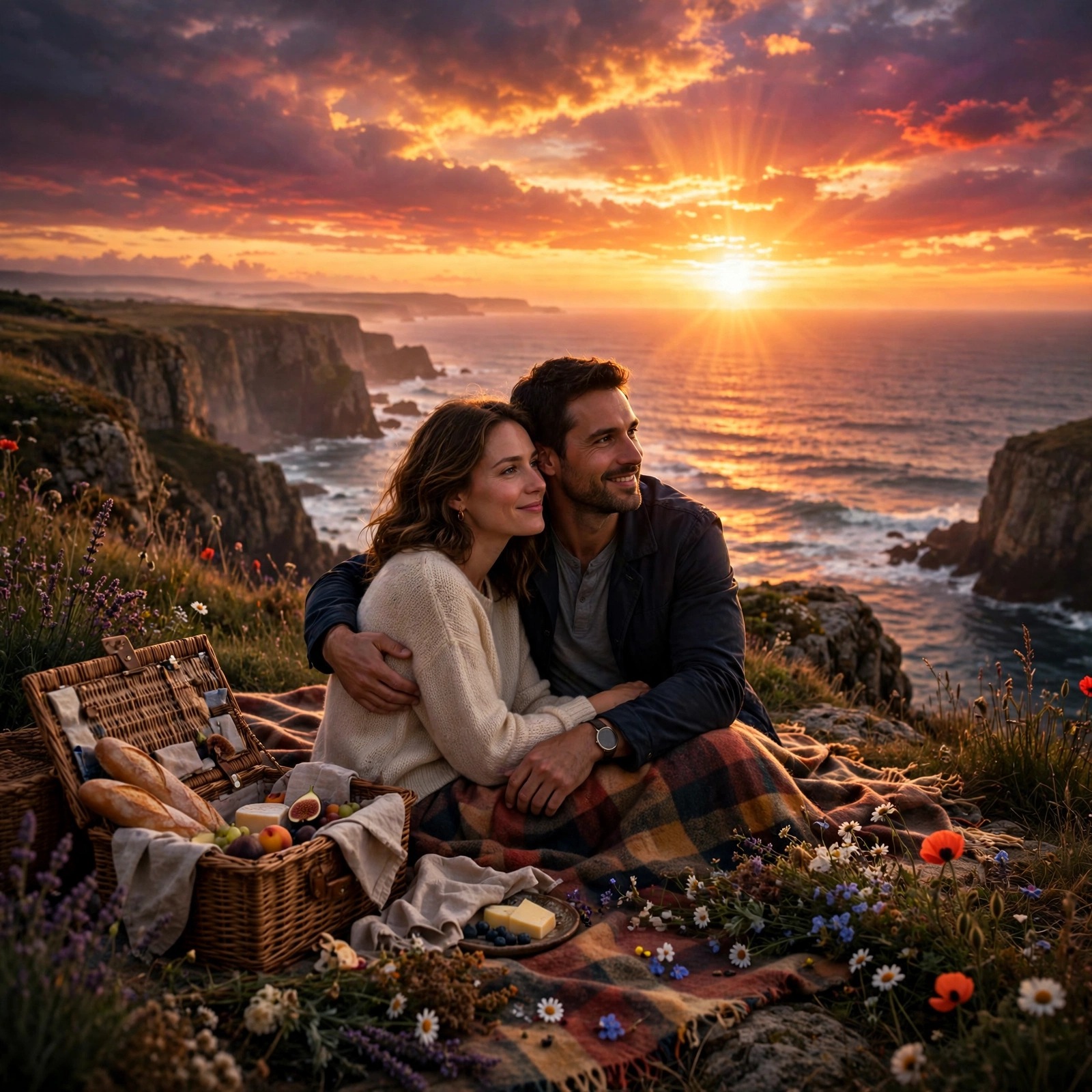 Couple on a clifftop picnic watching a sunset over the sea