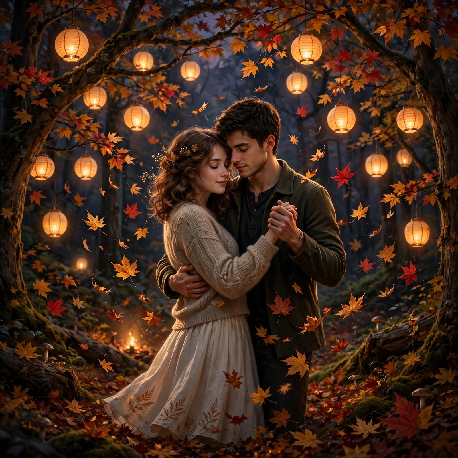 A couple slow-dancing under glowing paper lanterns in a maple forest clearing on an autumn evening.