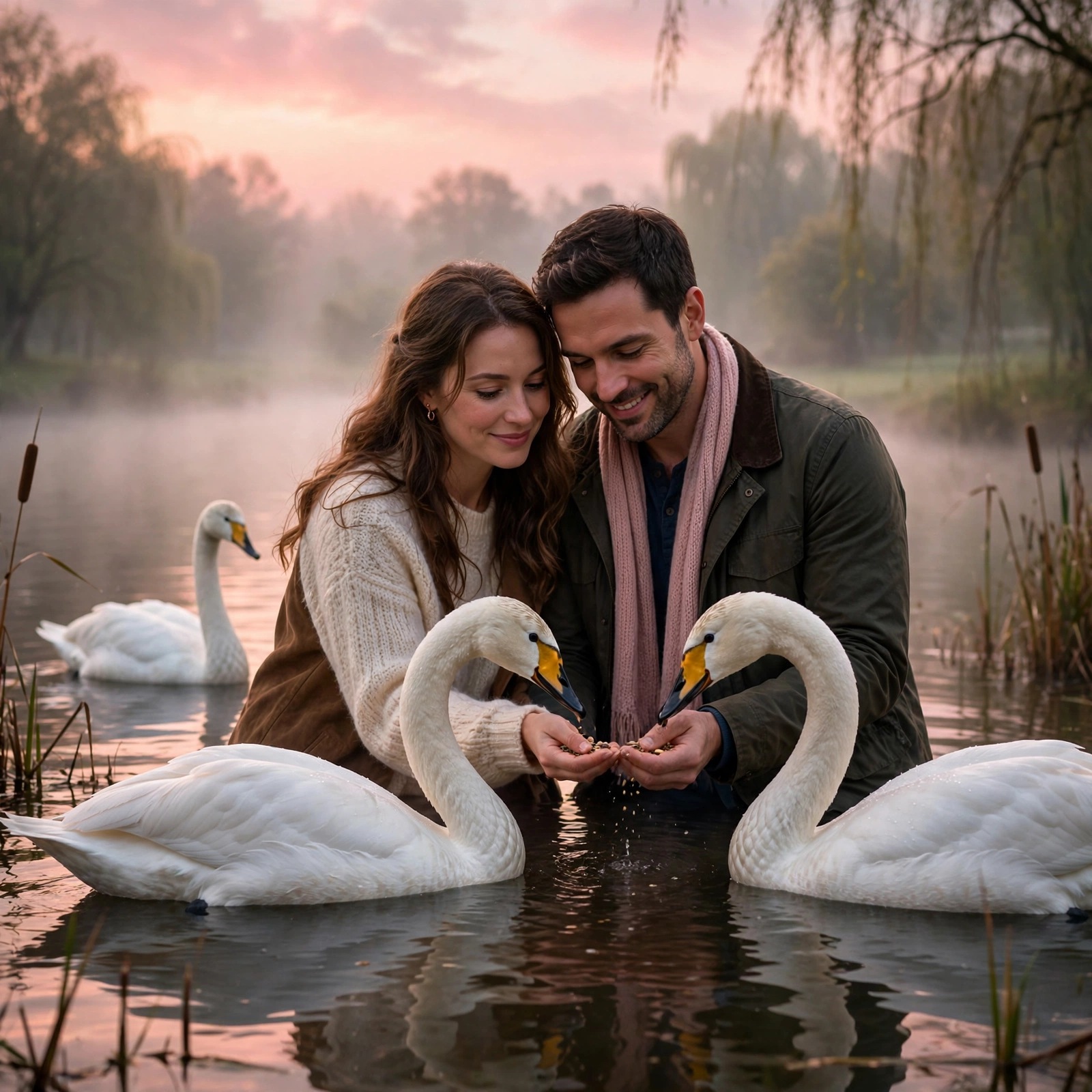 Couple feeding swans at a misty park lake at dawn