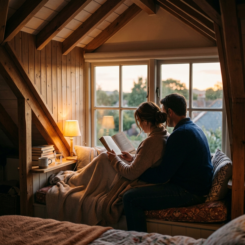 An adult couple reads together on a window seat in a cozy attic beneath a slanted roof, rear view