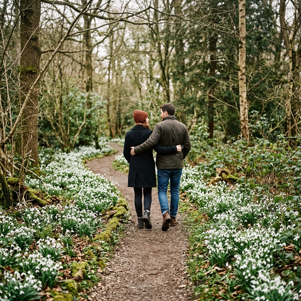 An adult couple walks arm in arm through a small garden carpeted with snowdrops, rear view