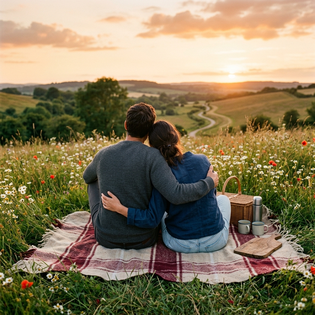 An adult couple sits close together on a picnic blanket surrounded by meadow flowers, rear view