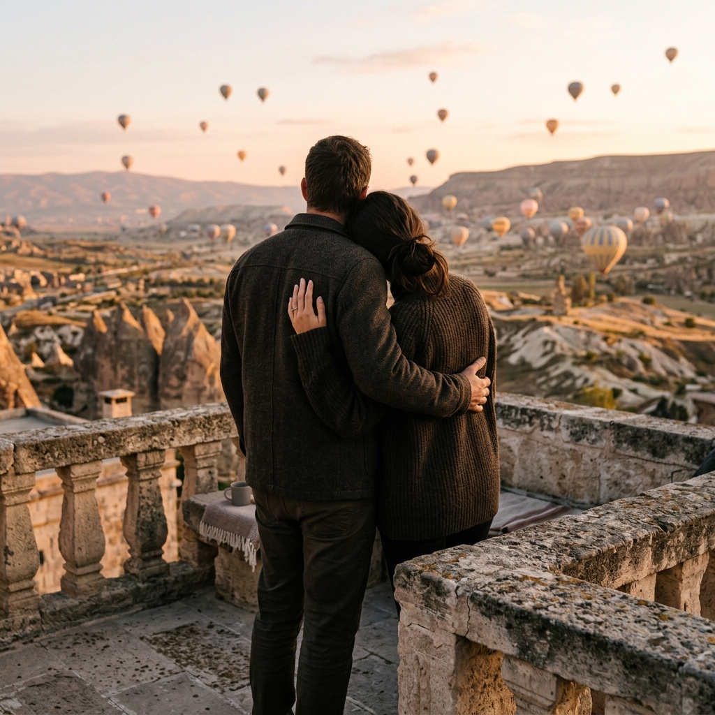 An adult couple embraces on a stone terrace watching distant hot air balloons at sunrise, rear view