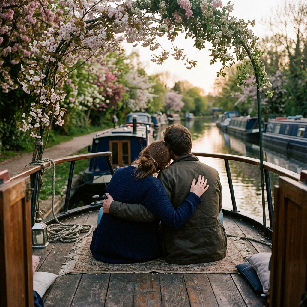 An adult couple sits closely on the open deck of a moored canal boat beneath flowering branches, rear view