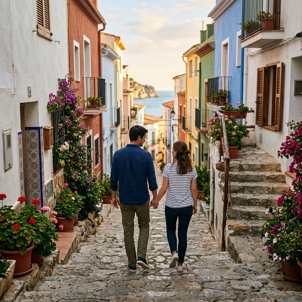 An adult couple climbs a wide stone stairway between colorful coastal houses, rear view