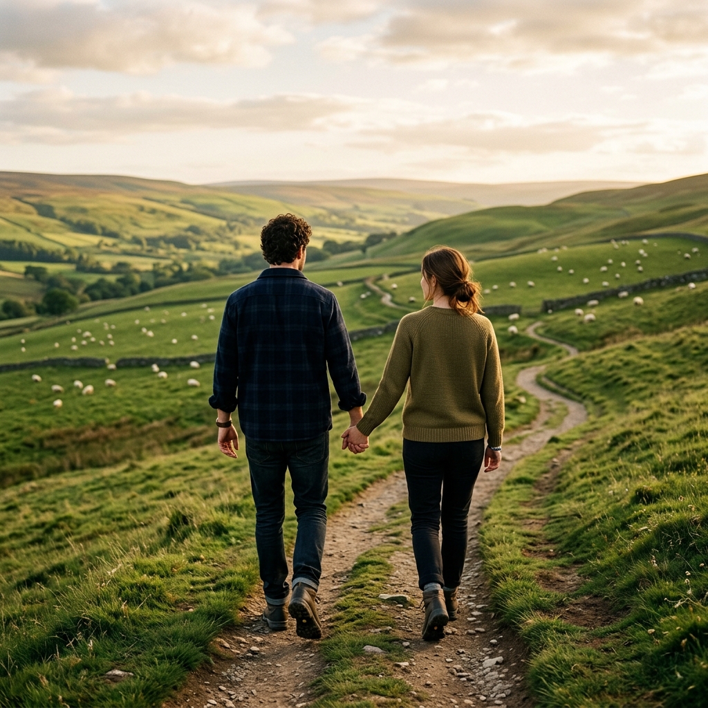 An adult couple holds hands on a footpath through green hills dotted with sheep, rear view