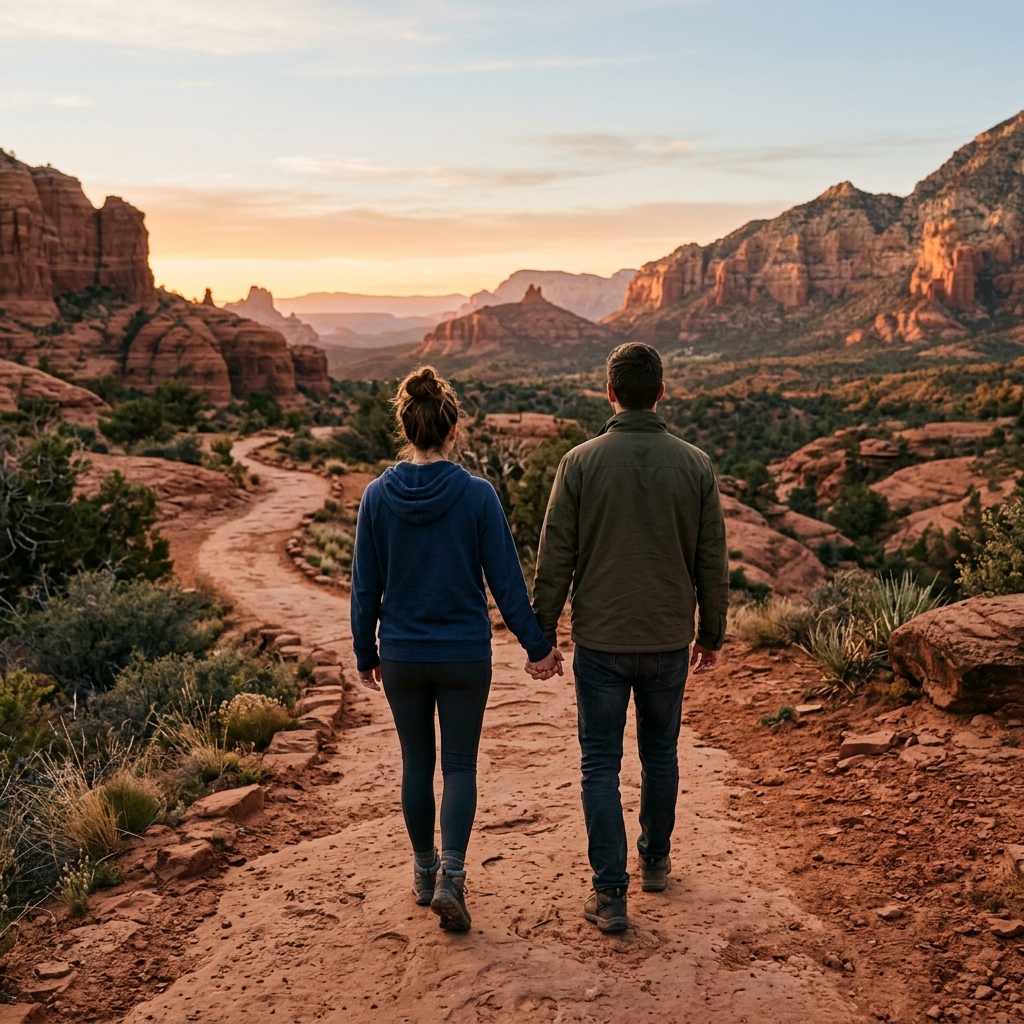 An adult couple walks side by side on a wide red sandstone desert trail, viewed from behind