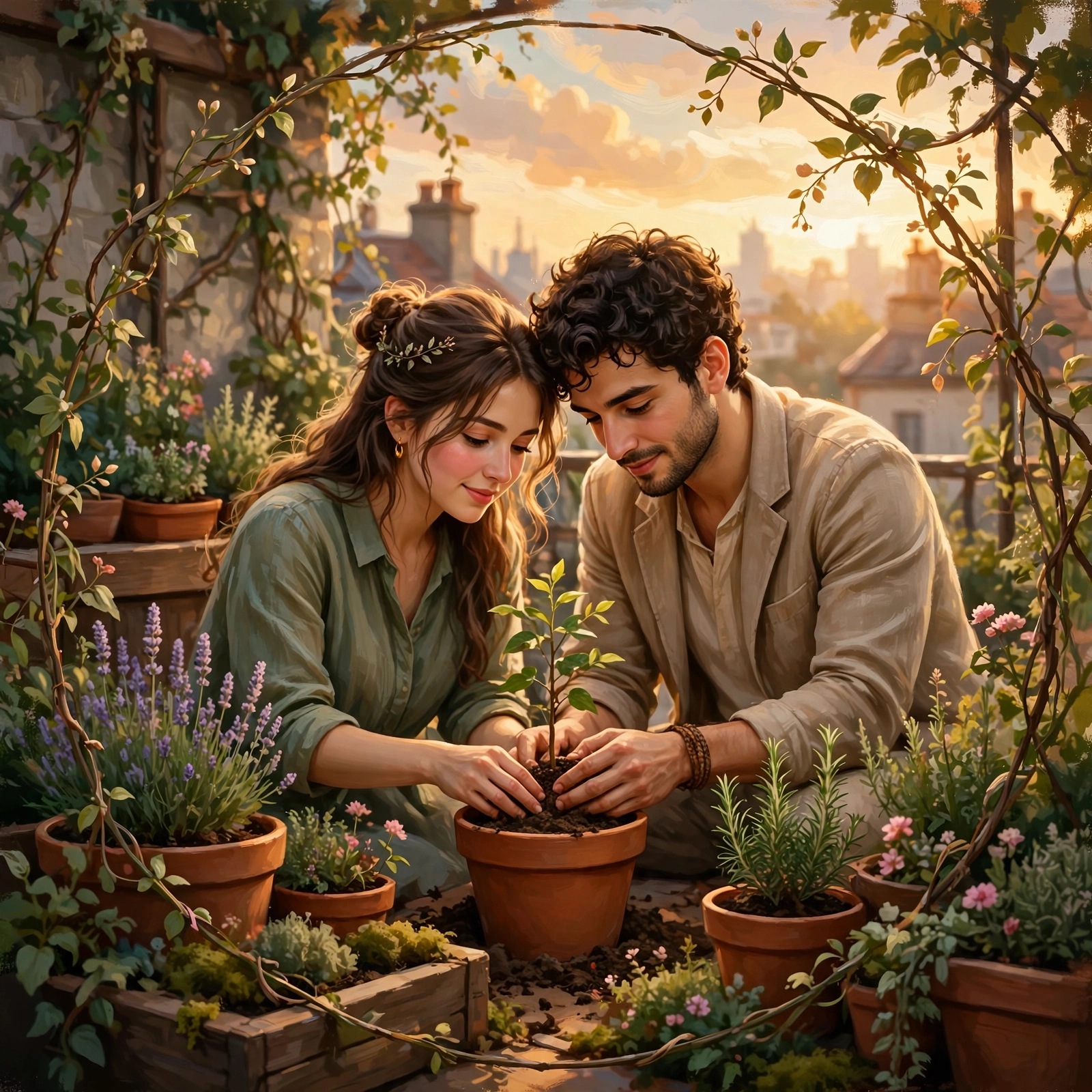A couple planting a sapling together in a terracotta pot on a rooftop terrace at sunset.