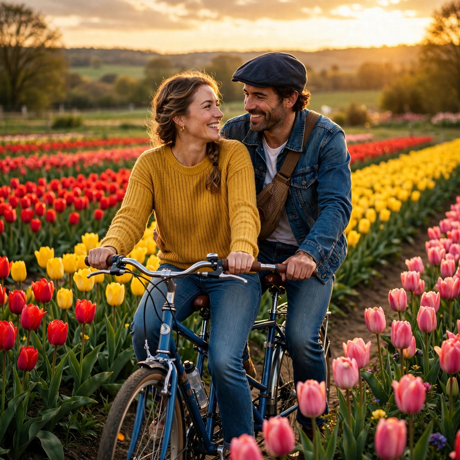 Couple on a tandem bicycle through a tulip field