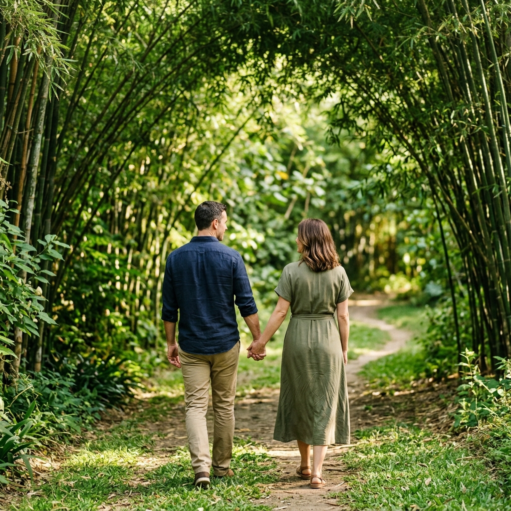 An adult couple holds hands beneath arching bamboo on a soft green garden path, rear view