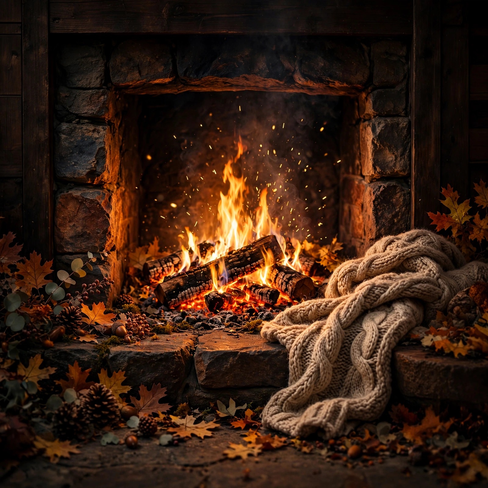 Crackling stone fireplace with a chunky knit wool blanket and autumn leaves in warm amber light, square WhatsApp DP