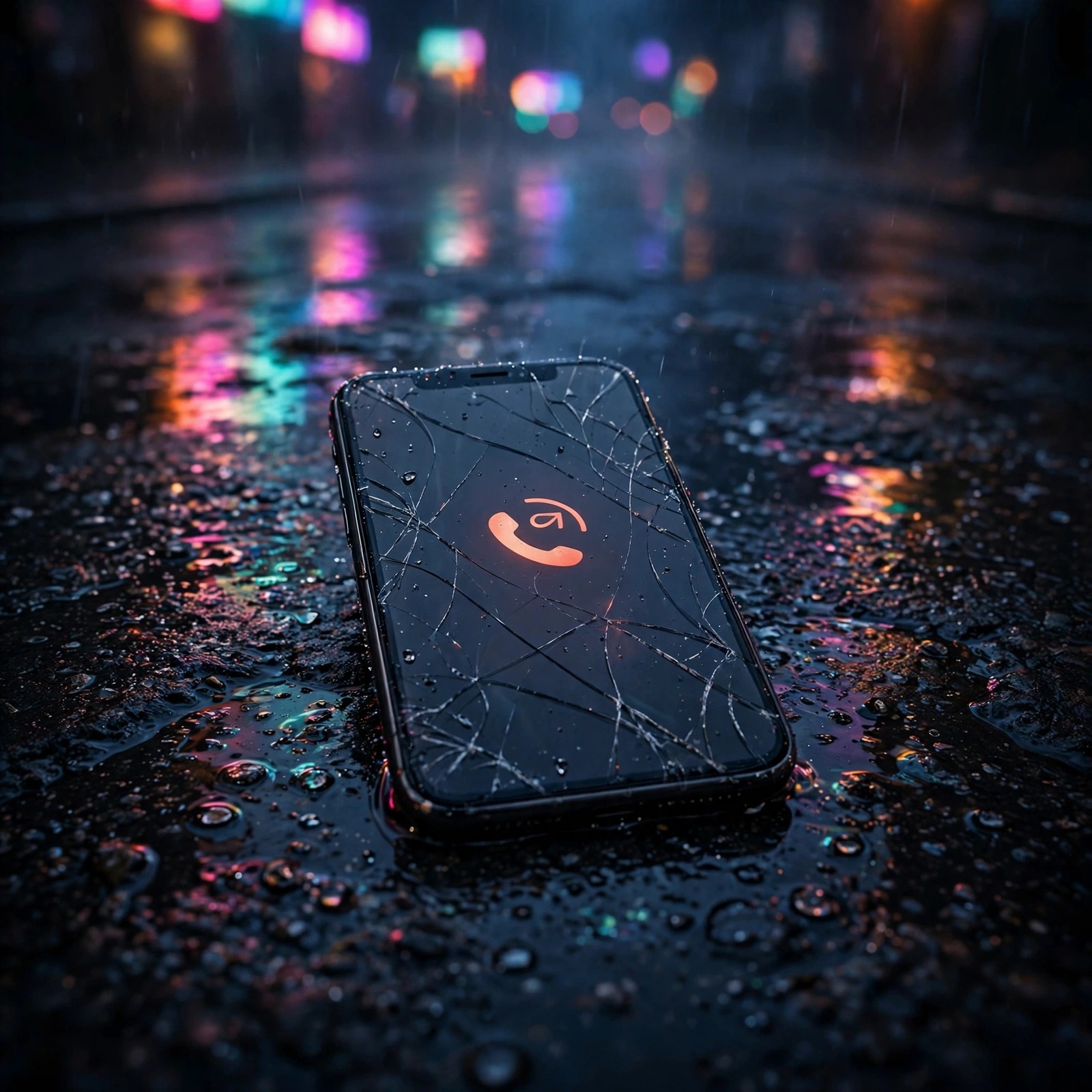 Cracked Phone With a Missed Call in the Rain