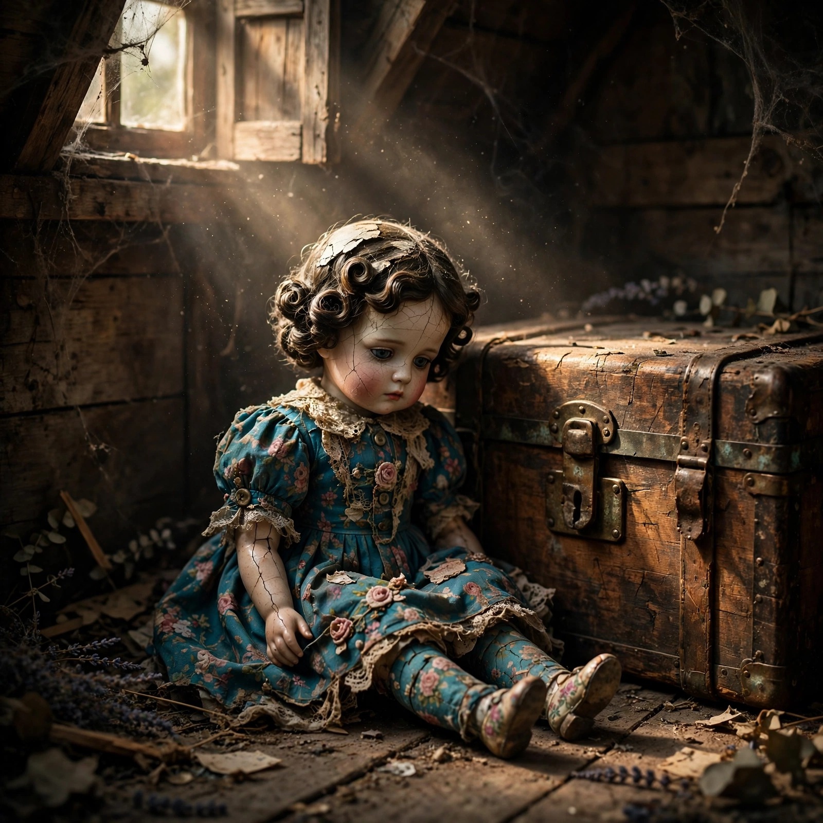 Cracked Porcelain Doll in a Dusty Attic