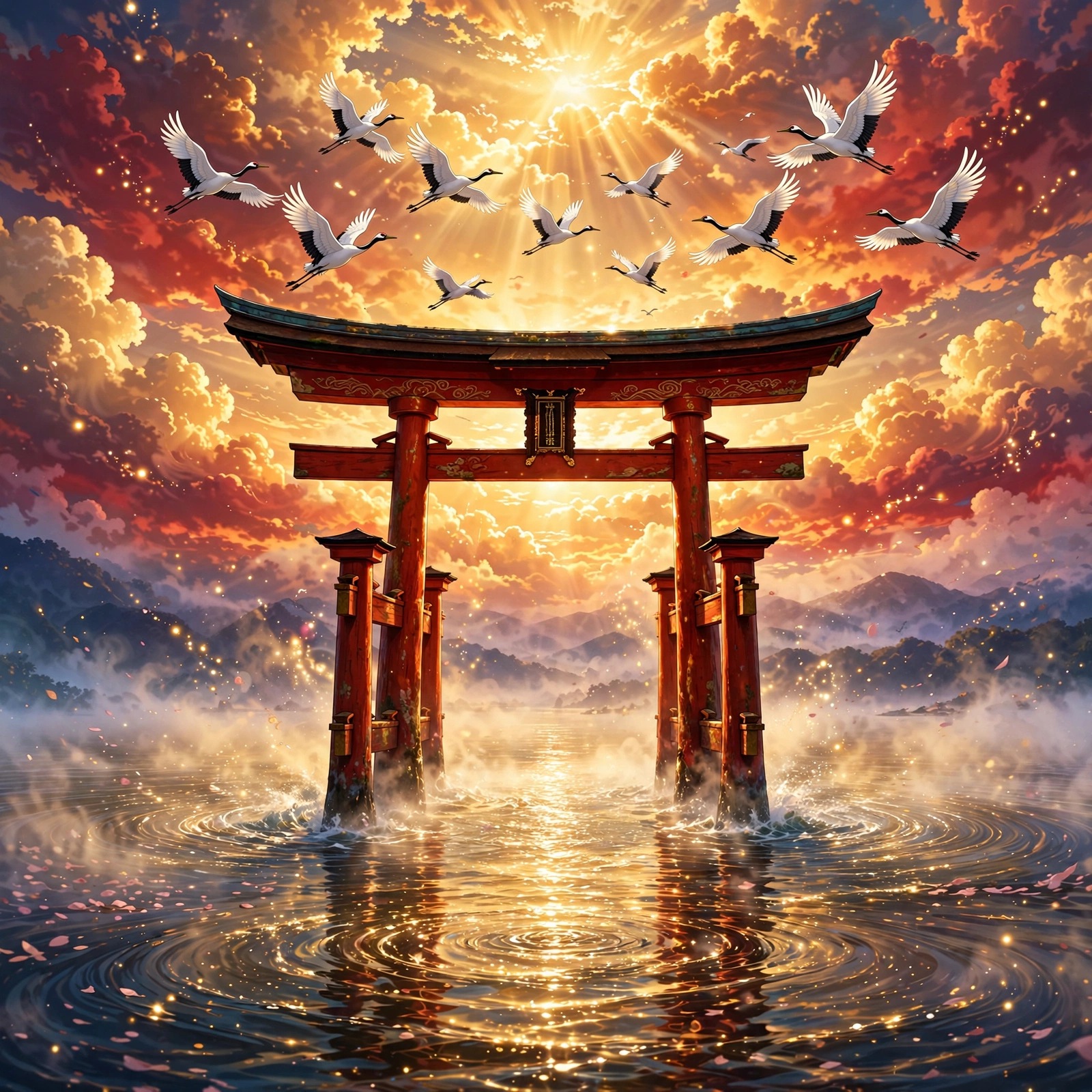 Red torii gate at sunrise with cranes in flight over golden water, square anime DP