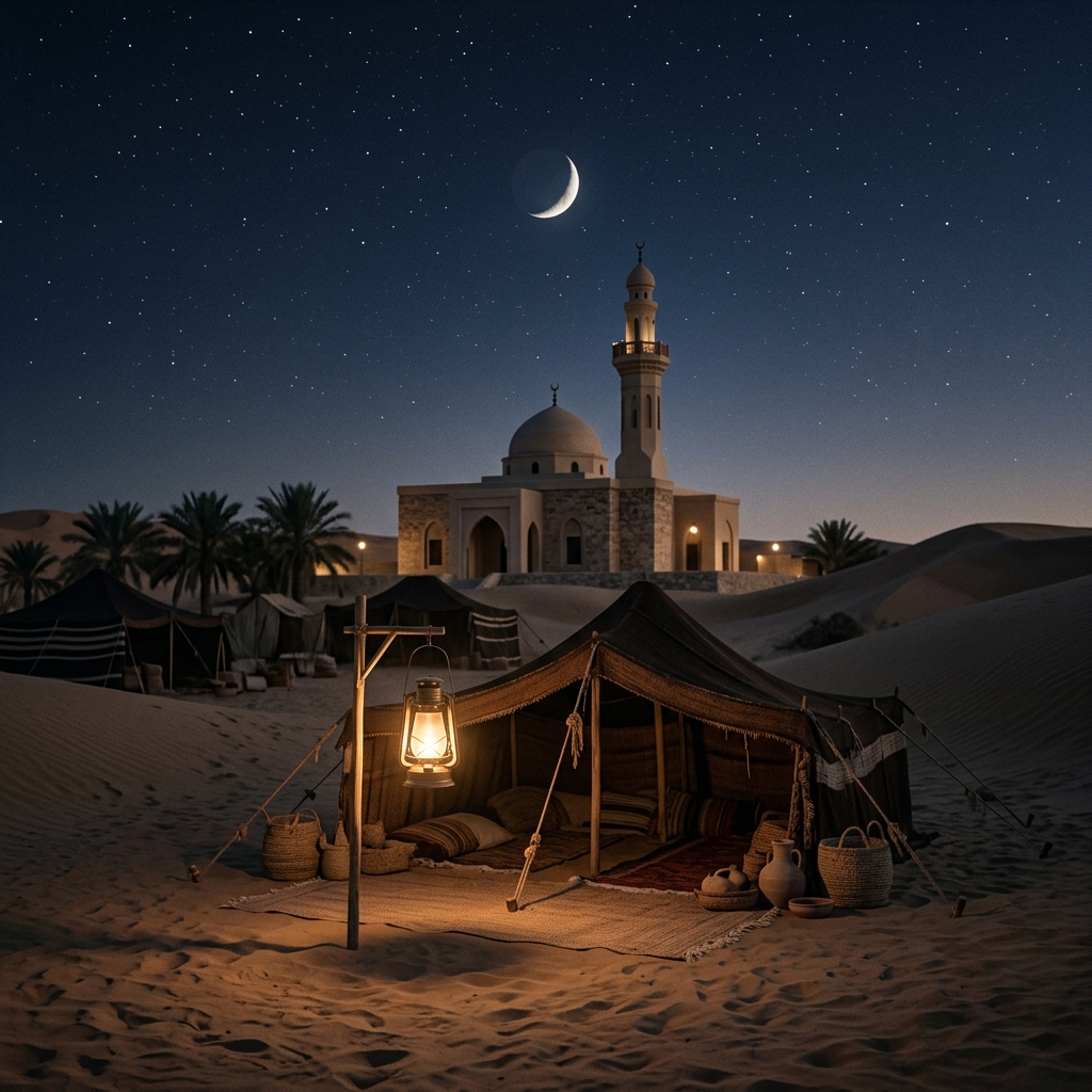 A small crescent moon hangs above a quiet desert camp with a warm lantern