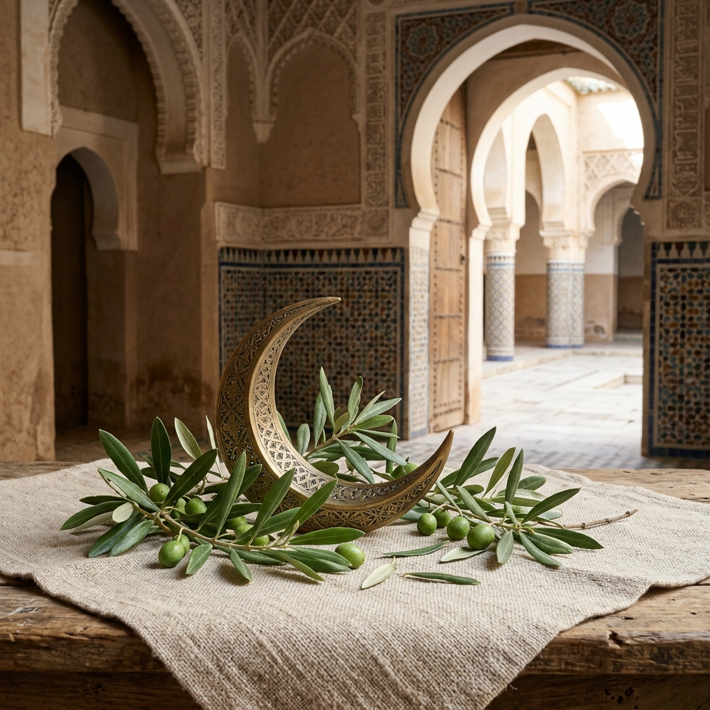 A tasteful crescent decoration rests among olive leaves on a linen surface