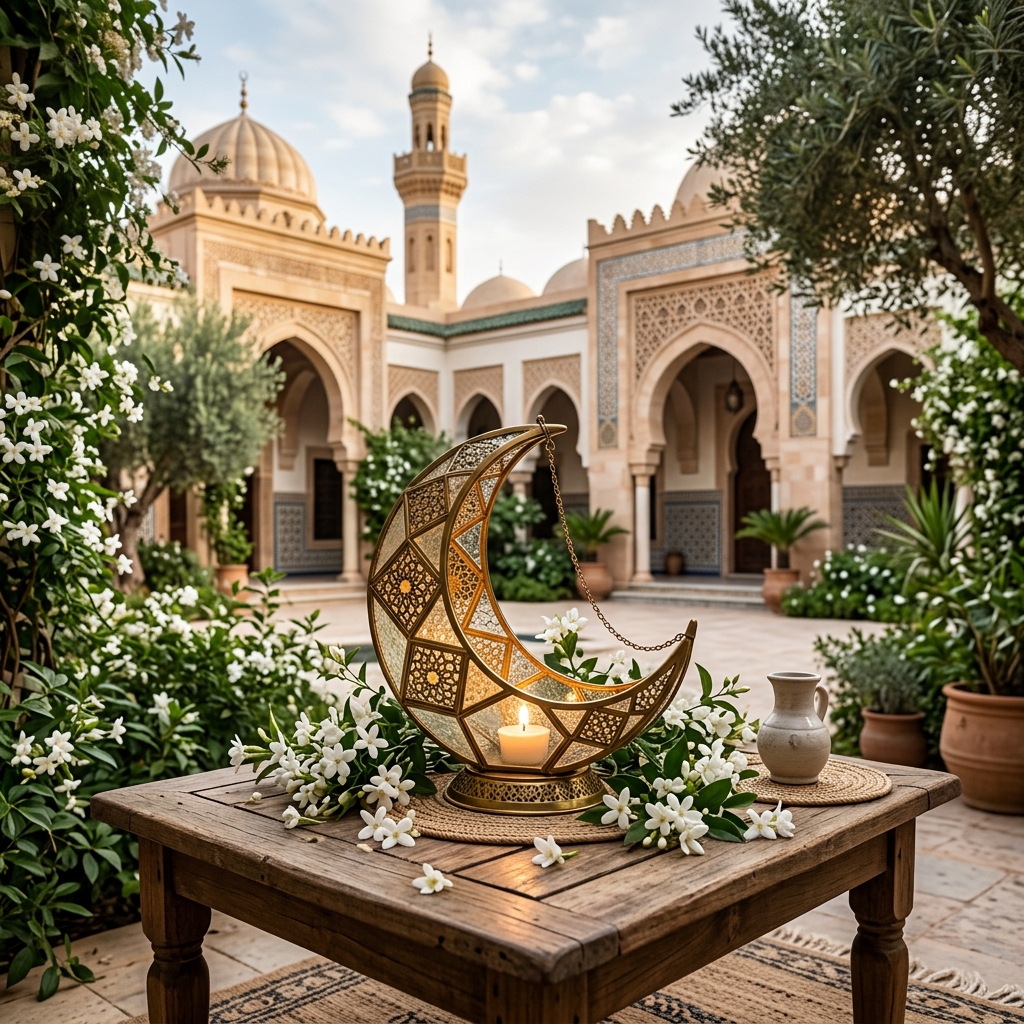 A crescent-shaped decorative lantern glows on a garden table surrounded by jasmine
