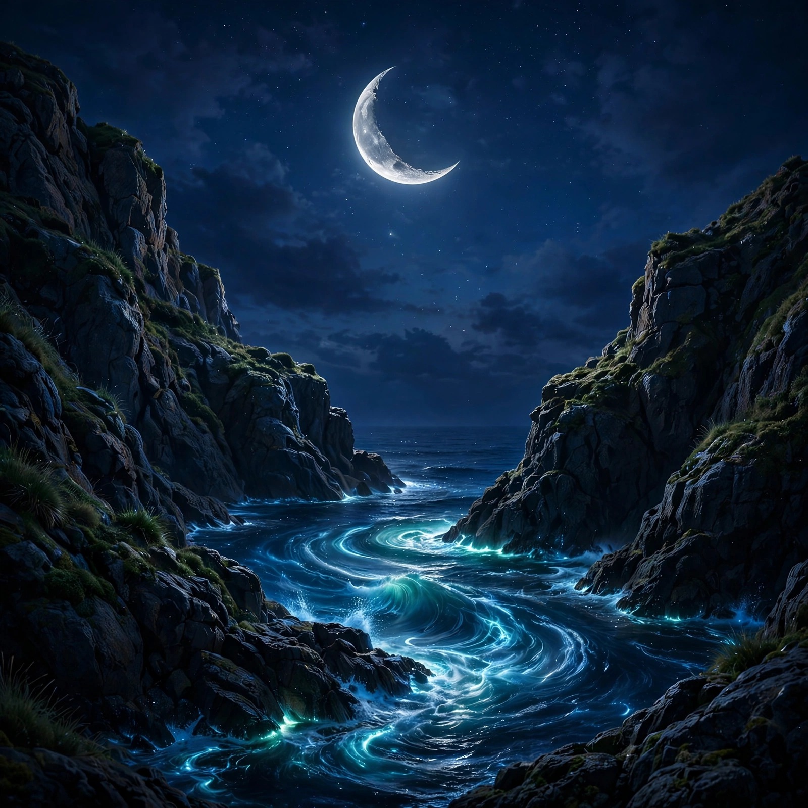Crescent Moon Over Atlantic Cliffs, square islamic WhatsApp DP