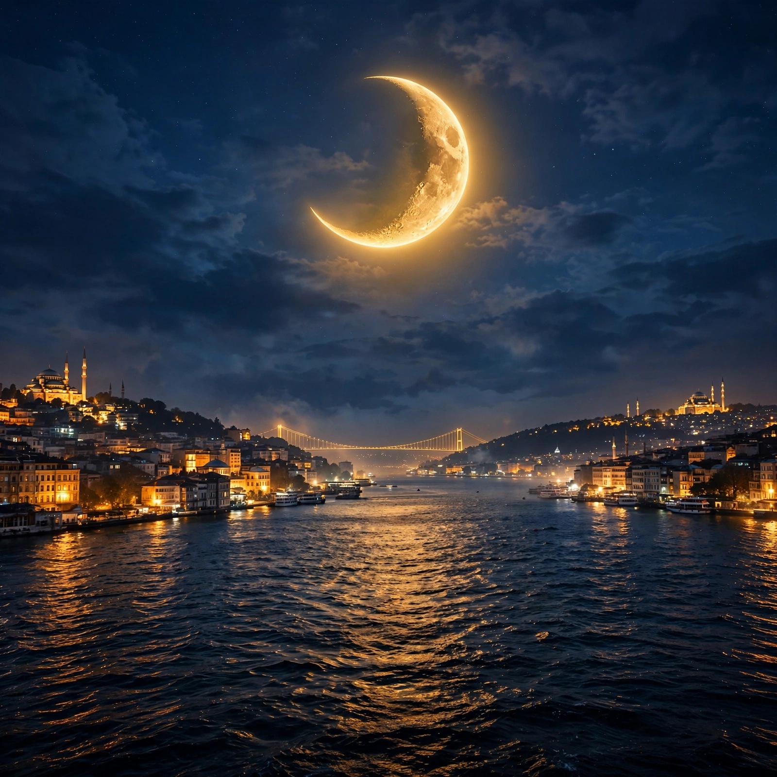 Golden crescent moon over the Bosphorus strait at night with city lights reflected on the water