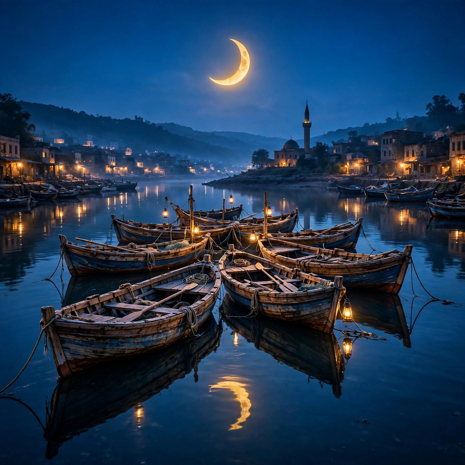 Wooden harbor boats under a glowing crescent moon with lantern reflections at dusk