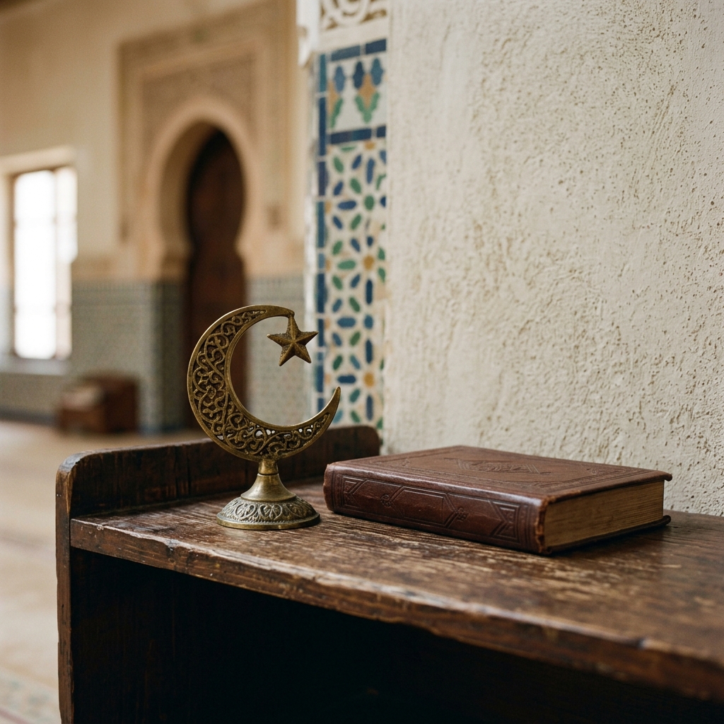 A small crescent ornament stands beside an unmarked closed book on a wooden shelf