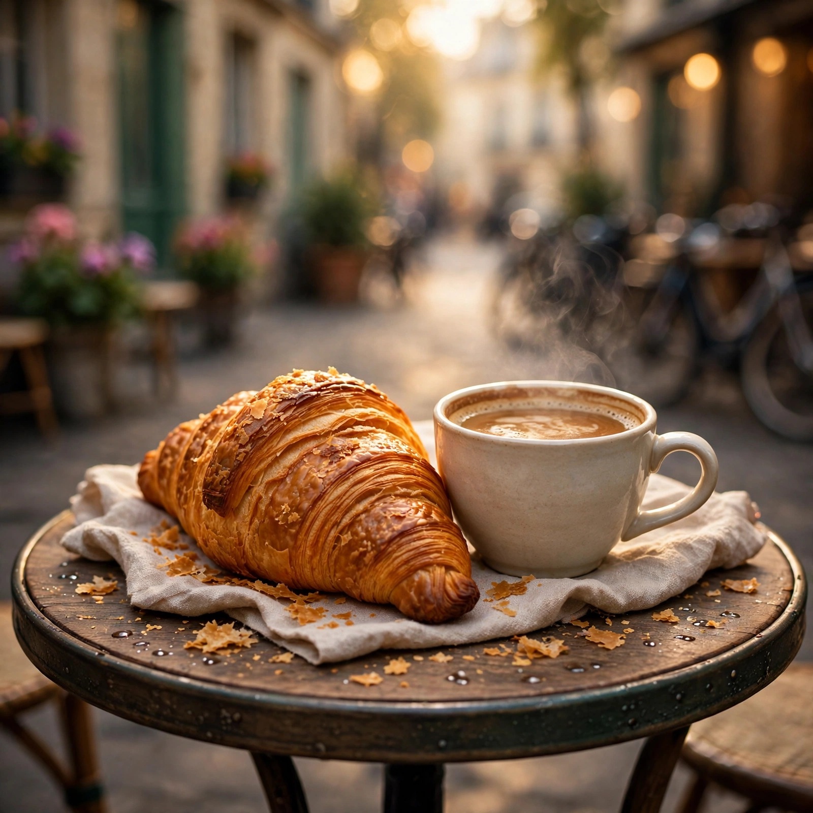 Croissant and coffee on a Parisian cafe table in morning light