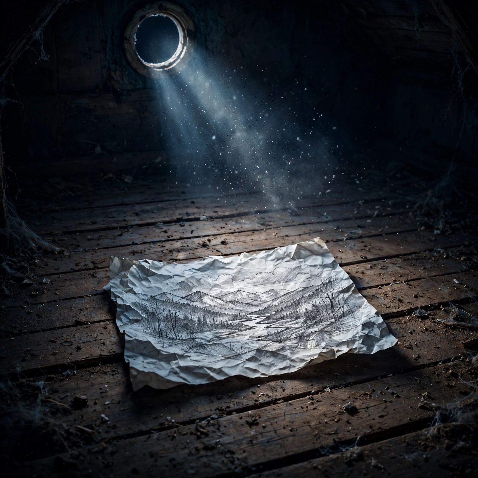 Crumpled pencil sketch on attic floorboards in moonlight, melancholic profile picture