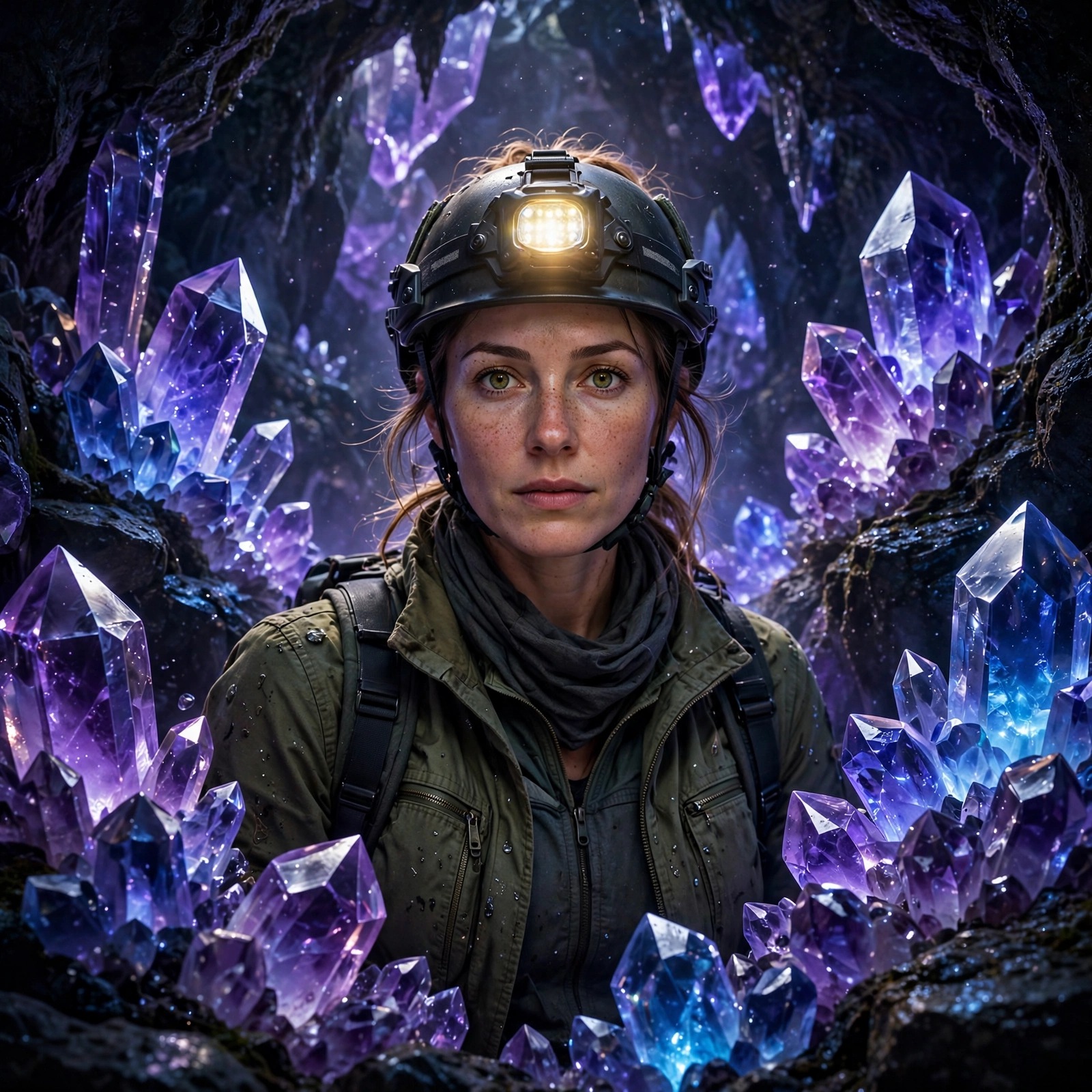 woman explorer with headlamp in glowing amethyst crystal cave girls dp