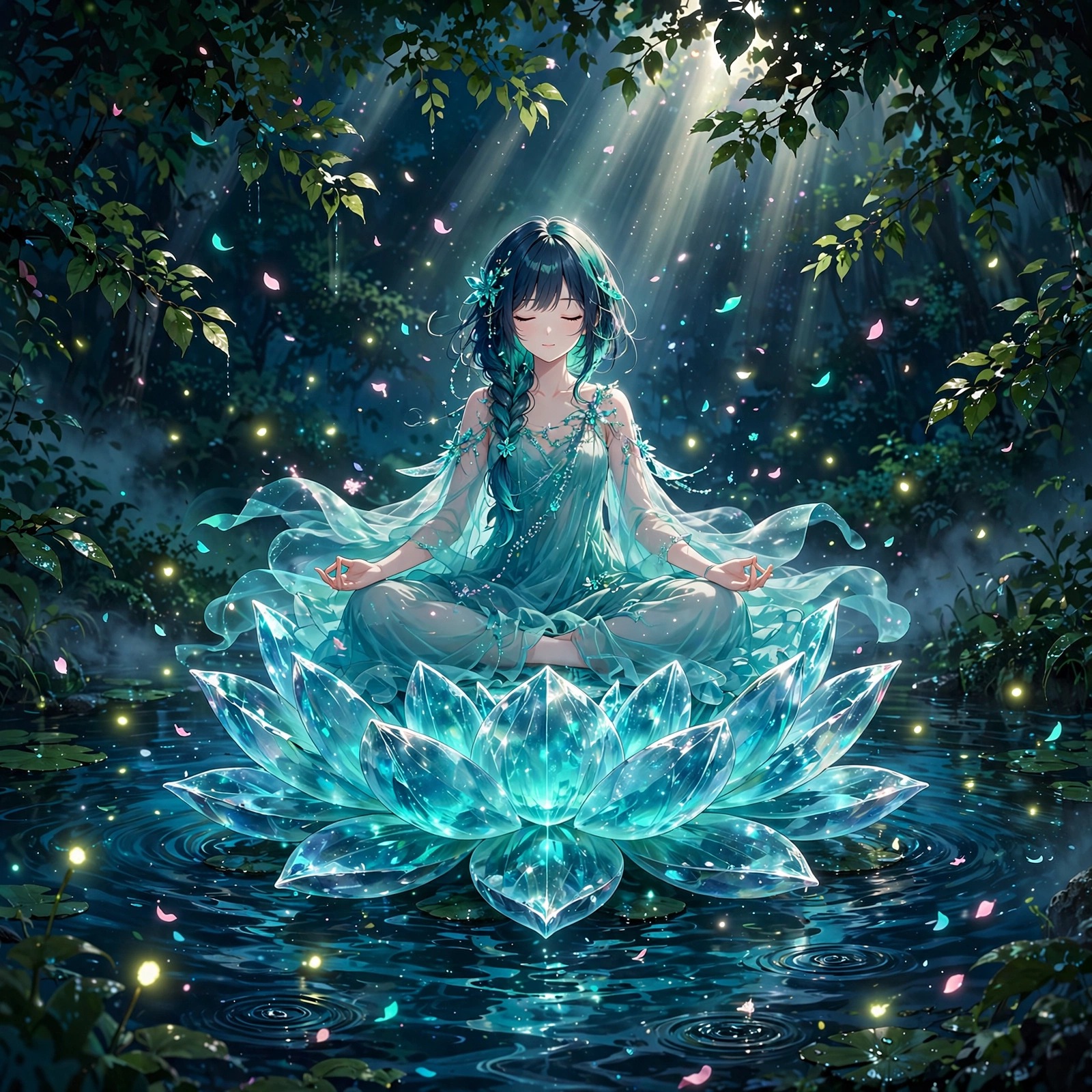 Anime girl meditating on a glowing crystal lotus flower over a moonlit pond, profile picture