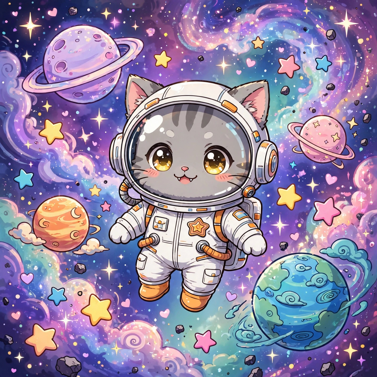 Cute chibi cat astronaut floating among colorful stars and planets