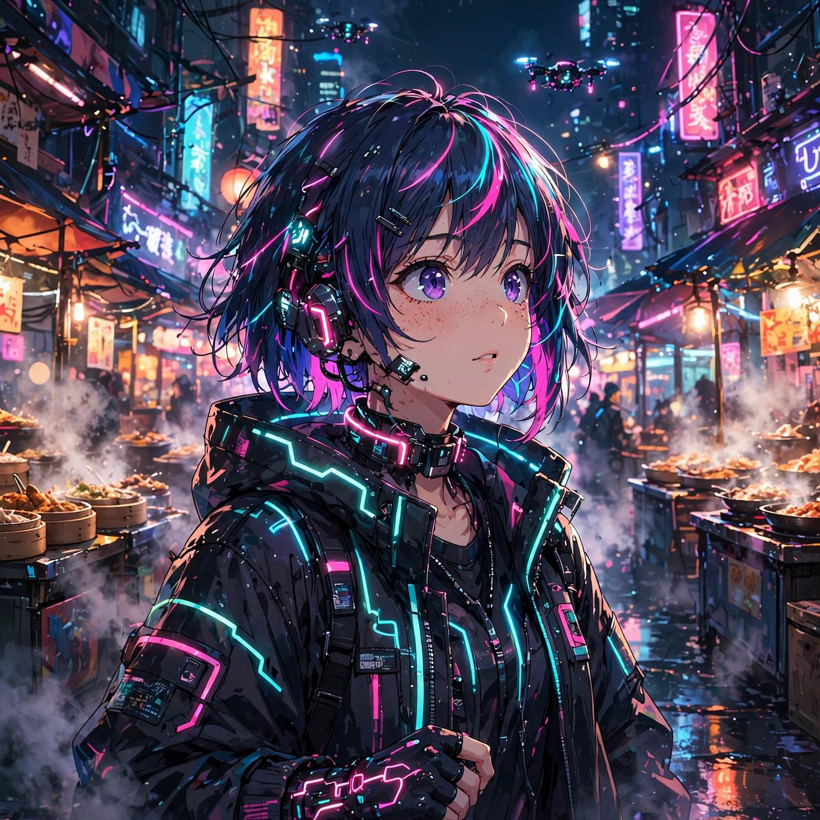 Cyberpunk anime girl with glowing accents exploring a neon night market full of signs and steam