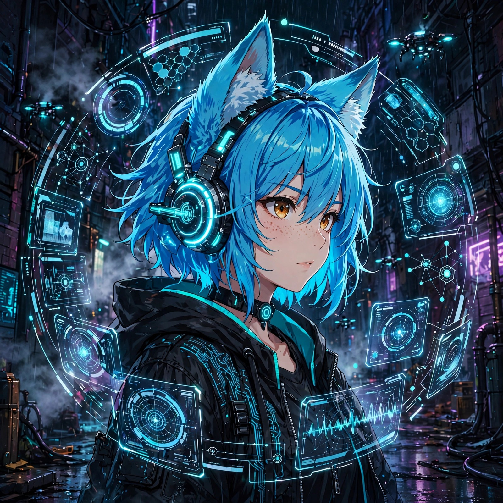 anime fox girl hacker with headphones in cyberpunk alley dp