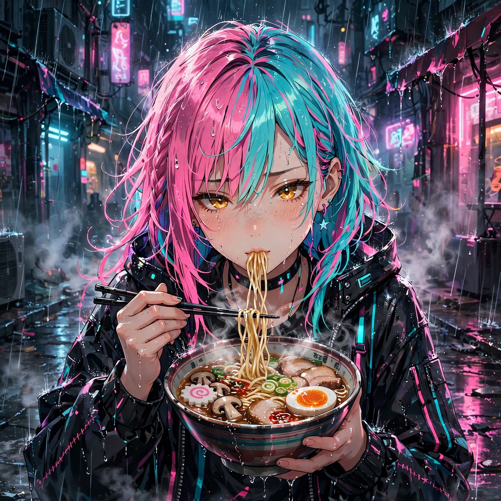 anime girl eating ramen in cyberpunk alley anime dp