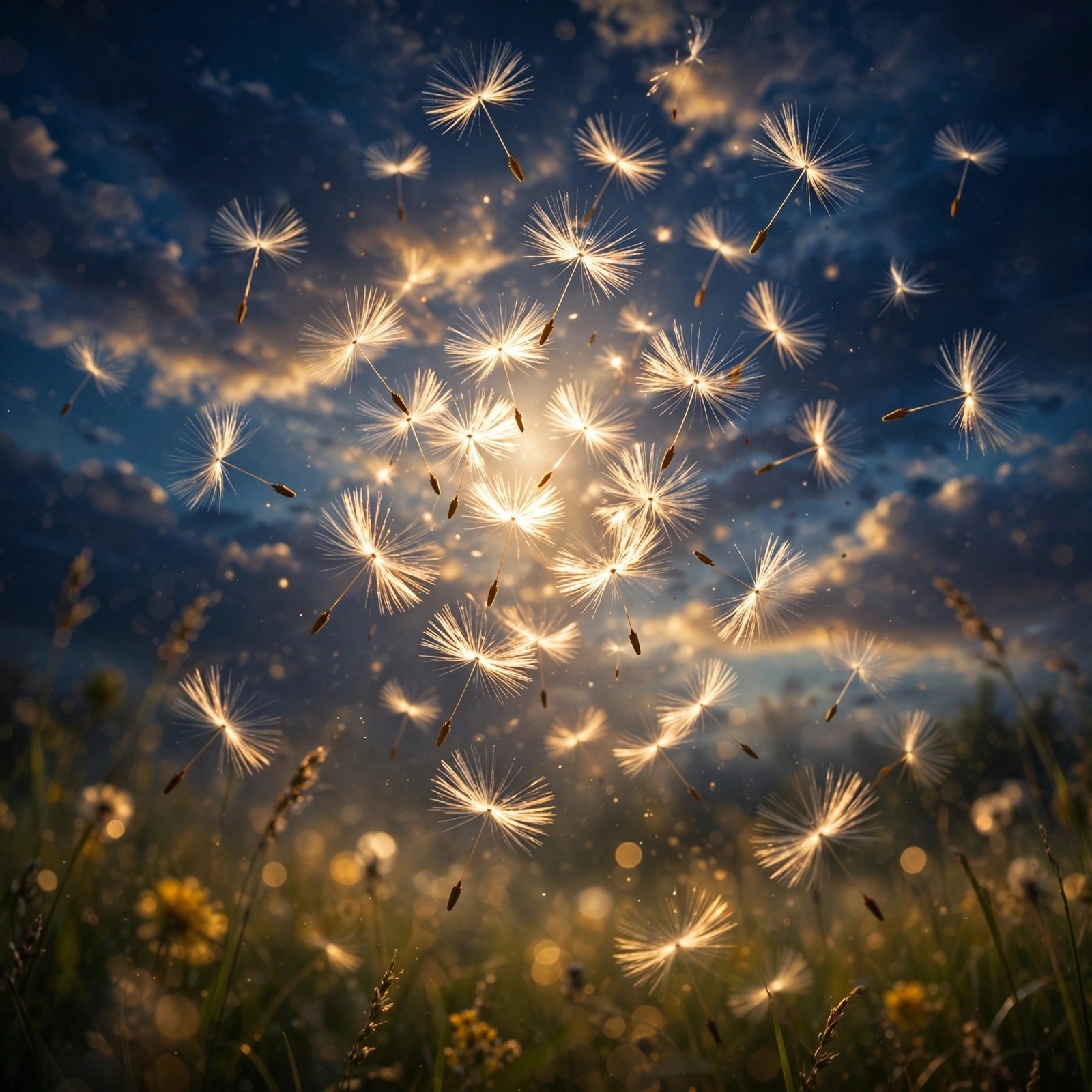 dandelion seeds scattering against blue sky
