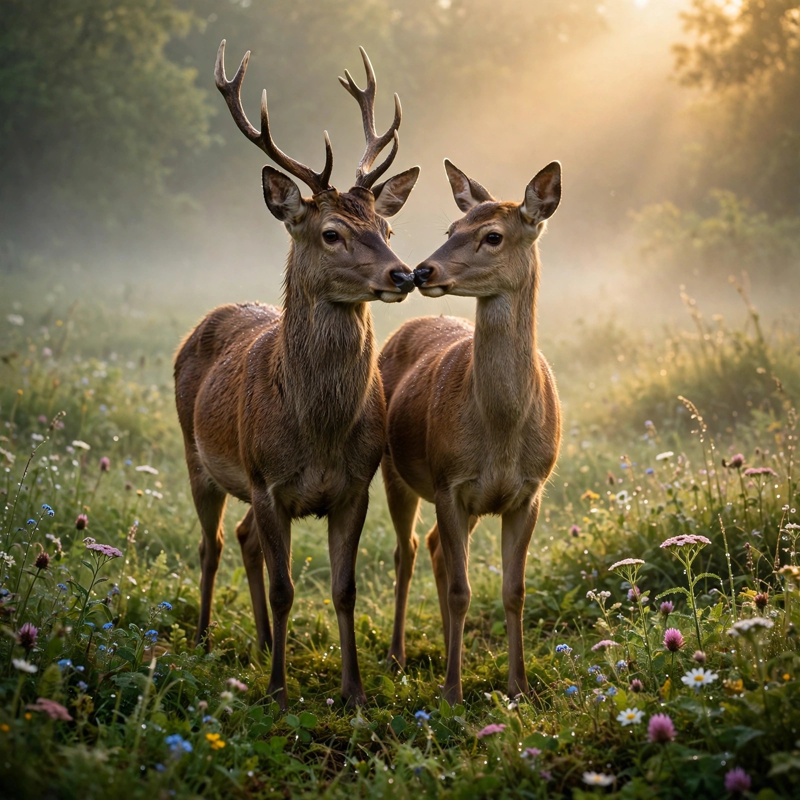 Deer pair touching noses in a misty meadow